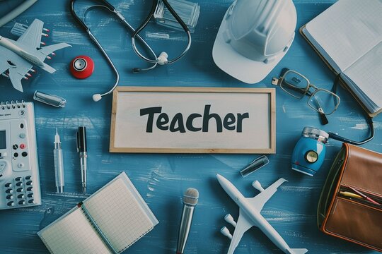 Capture the essence of education with this vibrant image featuring various industries surrounding a central "Teacher" board. Perfect for celebrating Happy Teacher's Day