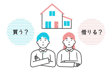 家を買うか借りるかを迷う若い夫婦のイラスト