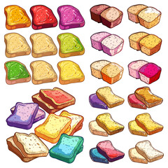 Cartoon Set of Colorful Toasts with Different Jam and Creams