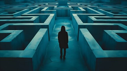 A silhouette of a person standing in front of a large maze, contemplating different paths and obstacles ahead, representing the challenge of decision-making