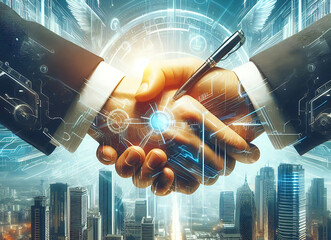 Two diverse professional business leaders shaking hands in office meeting, front view effect