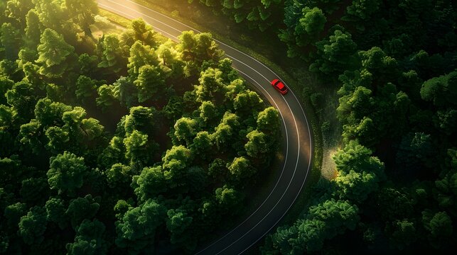 An bird eye view shot of a car driving through a winding road in a forest, with sunlight filtering through the trees, capturing the essence of a tranquil vacation drive