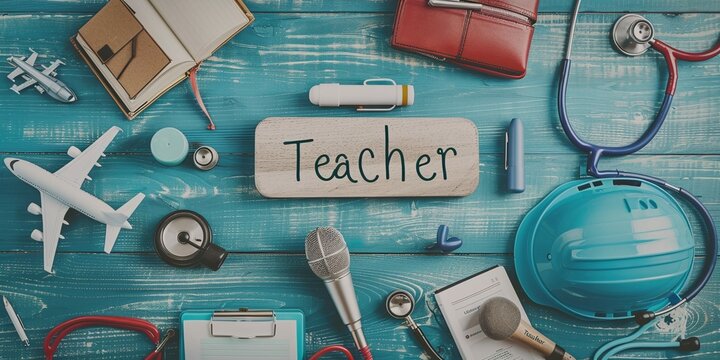 Capture the essence of education with this vibrant image featuring various industries surrounding a central "Teacher" board. Perfect for celebrating Happy Teacher's Day