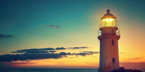 Serene Lighthouse at Sunset by the Ocean, Illuminating the Scenic Horizon in Warm, Glowing Light