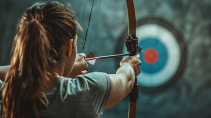 Backview of the archer throwing an arrow towards the target bullseye, showcasing the precision of Olympics Paris, Olympics London, and Paralympics archery events.
