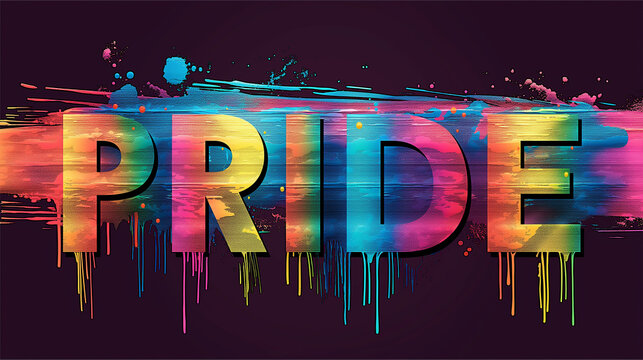 Pride text with rainbow colors is dripping paint on dark background