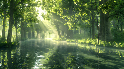 Serene river flowing through a calm forest landscape with dense foliage