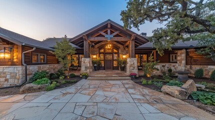 ranch-style home with a covered front entryway and detailed woodwork, creating a warm, inviting atmosphere