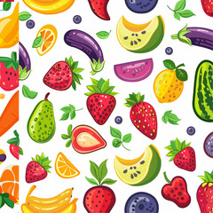 Seamless pattern of fresh fruits and vegetables on white background.