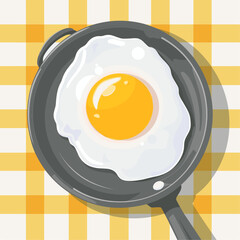 Perfect fried egg in a frying pan on a checkered tablecloth