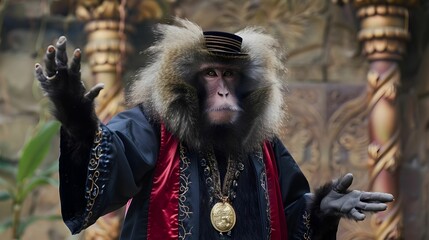 Lion-tailed Macaque in a magician&rsquo;s outfit, performing tricks.