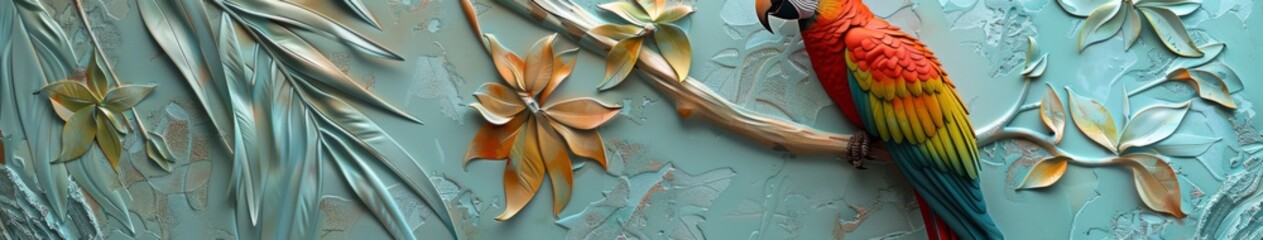 Obraz premium Abstract Exquisite 3D Relief Parrot: A vivid mural illustration that brings the elegance of birds to your space, crafted by artificial intelligence art