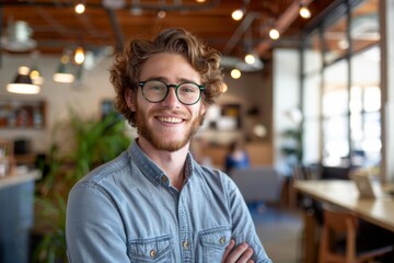 Obraz premium smiling millennial male employee in coworking office