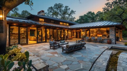ranch-style home with a large, stone patio area, perfect for hosting summer barbecues