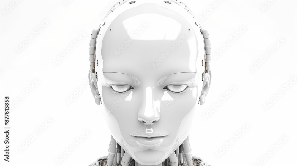 Poster smart android head close up with humanoid features. futuristic robot face concept with white sleek d