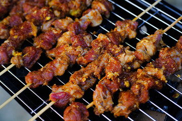 Lamb Satay grilled with Indonesian Maranggi Seasoning. Lamb meat is skewered with bamboo sticks and then grilled over charcoal. Delicious Foods. Indonesian Gourmet.Traditional Cuisine. Food Photograph