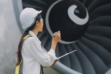 Technician fixing the engine of the airplane,Female aerospace engineering checking aircraft engines,Asian mechanic maintenance inspects plane engine