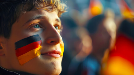 Close-up of a guy with a German flag painted on his cheek. A young man is a football fan at the stadium. He is surrounded by a crowd of people. 