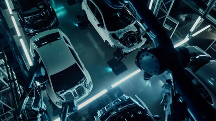 Fototapeta premium an autonomous factory with robotic manipulators that assemble cars on their own. Artificial intelligence, high-precision production of electric vehicles