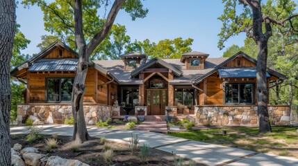 Fototapeta premium ranch home with an architectural blend of wood and stone, nestled among mature trees