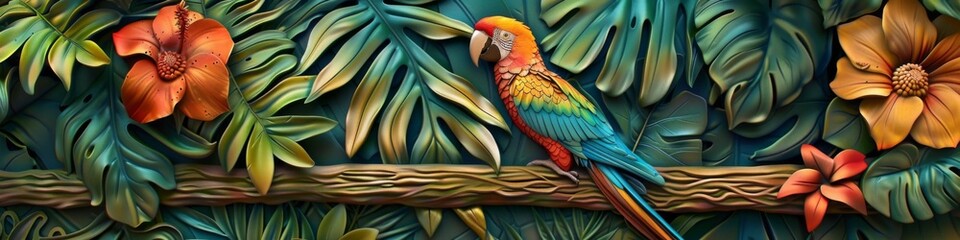 Obraz premium Abstract Exquisite 3D Relief Parrot: A vivid mural illustration that brings the elegance of birds to your space, crafted by artificial intelligence art