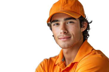A young men wearing orange hat and shirt isolated on a transparent background for web banner, wallpaper