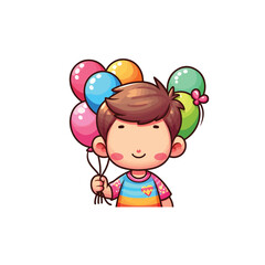 Baby boy with blond hair holding balloons in hands flat cartoon vector illustration isolated on white background. Cute little child with rubber toy balloons.