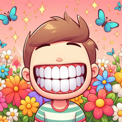 Joyful Cartoon Character Smiling Amidst Colorful Flowers and Butterflies, capturing happiness and whimsy in a bright and playful setting.