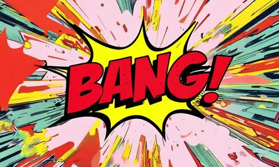 The word 'BANG!' in bold, explosive comic book text appears against an abstract, colorful comic book (mov)