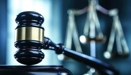 Close-up of a judge's gavel on a desk in a courtroom with scales of justice in the background, symbolizing law and legal proceedings.