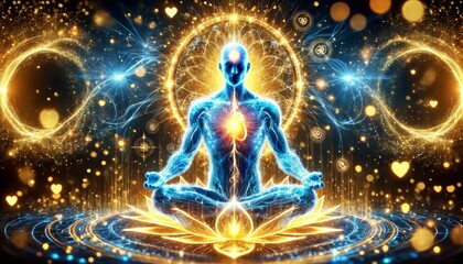 A man is sitting in a lotus position in the center of a colorful, swirling background. The background is filled with bright colors and shapes, creating a sense of movement and energy