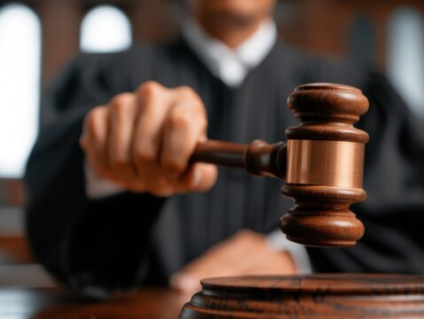 Close-up of a judge's hand holding a gavel, symbolizing law, justice, and legal decisions in a courtroom setting.