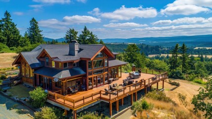 Fototapeta premium ranch home with a large, wrap-around deck and a view of the surrounding hills and forests