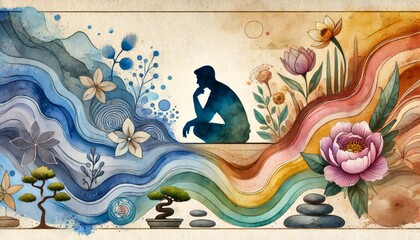 A man is sitting on a rock in front of a colorful waterfall. The waterfall is made up of different colors and has a lot of flowers and plants surrounding it. The man is looking at the waterfall