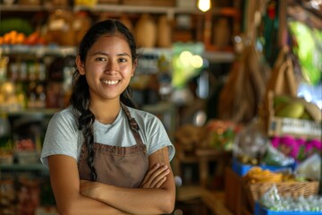 Young latin shopkeeper girl with arms crossed smiling happy