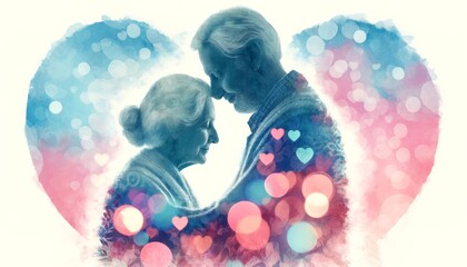 A couple of older people are hugging each other in a heart. Concept of love and affection between the two people