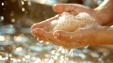 Fototapeta premium Close-up of hands washing with foamy soap under water, with bubbles and soft lighting creating a hygienic and clean scene.