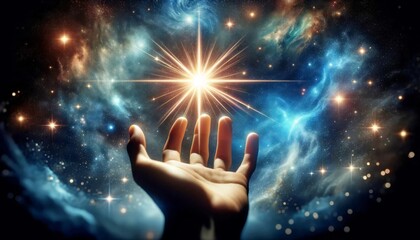 A hand is reaching out to the stars, with a bright star shining in the sky. Concept of wonder and awe at the vastness of the universe and the beauty of the stars