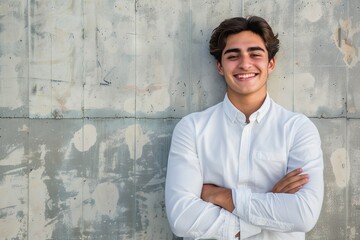 Obraz premium Young smiling business university student standing against college campus wall with arms crossed