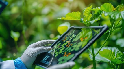 Scientist using tablet to analyze plant growth in a greenhouse. Concept of agricultural technology and plant research.