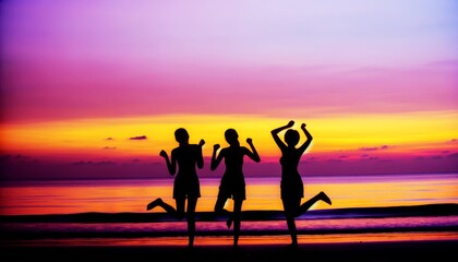 Silhouette Three women are jumping in the air on a beach at sunset. The sky is a beautiful mix of pink and purple hues, creating a serene and peaceful atmosphere. The women's joyful expressions