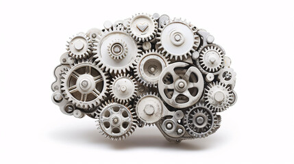 Innovation in Motion: Close-up of Gear Mechanism Resembling Human Brain on White Background with Copy Space