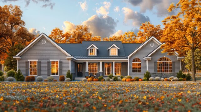 ranch home with a sophisticated grey exterior and matching shutters, set against a backdrop of autumn foliage