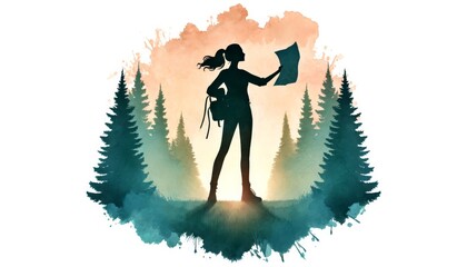 A woman is standing in a forest with a map in her hand. Concept of adventure and exploration, as the woman is ready to embark on a journey. The forest setting adds to the feeling of being in a natural