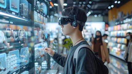 A person wearing virtual reality headset explores interactive displays at a tech store, showcasing the future of immersive shopping experiences.