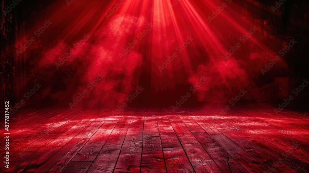 Aufkleber an empty stage illuminated by red lights and filled with red smoke, creating a dramatic and mysterio