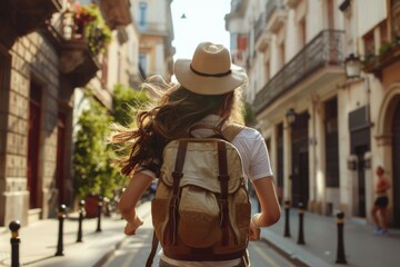 a happy female traveller running in the streets