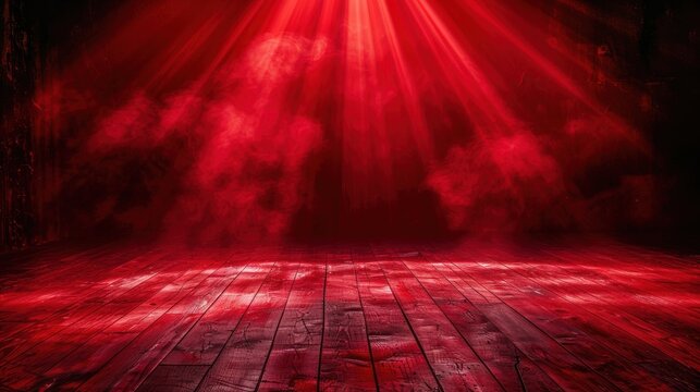 An empty stage illuminated by red lights and filled with red smoke, creating a dramatic and mysterious atmosphere.