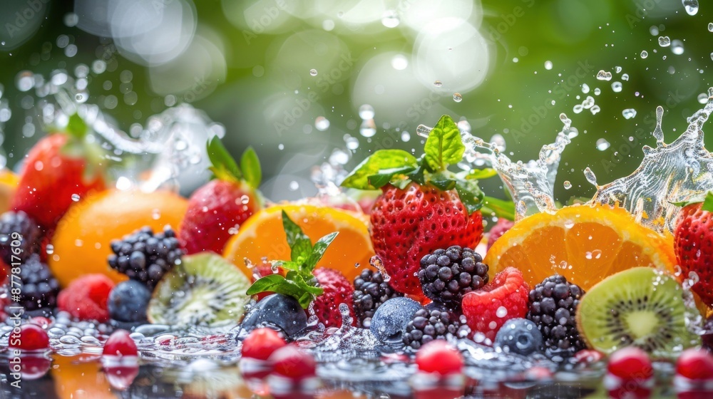 Poster vibrant assortment of fresh berries and citrus fruits splashing in water, creating a refreshing and 