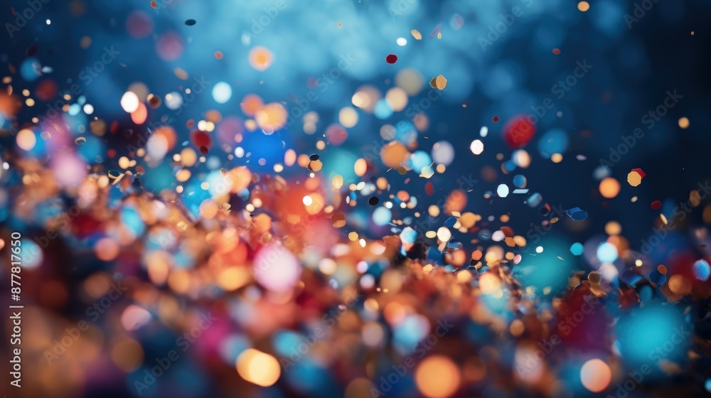 Poster a vibrant and colorful bokeh background featuring multicolored confetti particles, creating a festiv